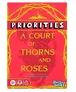 Red background with gold decorative borders. Text reads: "PRIORITIES" at top, "A COURT OF THORNS AND ROSES" in center, and "A PARTY GAME OF ENTICING CHOICES" below. Hasbro Games logo at bottom right. Age rating icons: 17+, 2+, 20+.