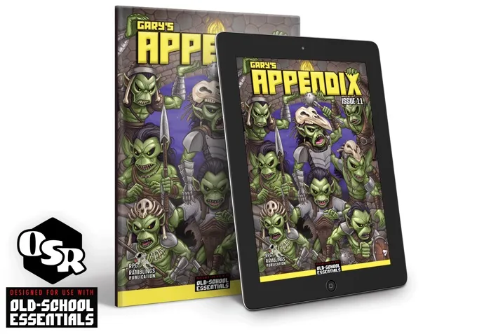Two devices displaying the cover of "Gary's Appendix Issue 11". The left device is a physical magazine with a visible spine, and the right device is a tablet. The cover features multiple green, cartoonish goblins in a dungeon setting, holding various weapons and wearing armor. The title "Gary's Appendix" is prominently displayed at the top in yellow text, with "Issue 11" below it. The bottom of the cover includes the text "RPG Ramblings Publication" and "Old-School Essentials". In the bottom left corner, there is a partial logo with the text "Crowdfund Quest".