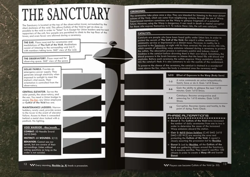 Open book with text and illustration of a tall tower labeled "THE SANCTUARY".