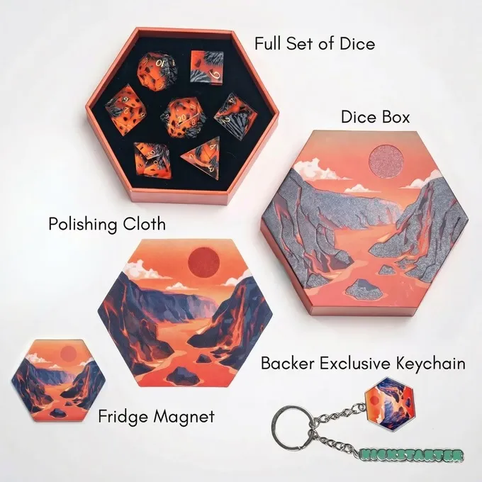 A hexagonal presentation box contains a full set of seven polyhedral dice, featuring vibrant colors and designs inspired by geological formations. Accompanying the dice are a polishing cloth, a fridge magnet depicting a scenic landscape, and a backer-exclusive keychain. The overall aesthetic combines striking imagery with a cohesive theme centered around famous landmarks.