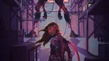 A futuristic industrial setting with a large red neon sign reading "GIRL FRAME" at the top. In the foreground, a woman with long brown hair and glowing red eyes wears a form-fitting suit with circular red accents and a red energy whip. Behind her, a towering red and black mech suit with glowing red eyes and sharp, angular limbs stands in a dynamic pose, as if ready for action. The background features metal scaffolding, pipes, and industrial structures, illuminated by a warm, glowing light.