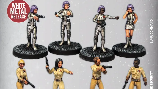 Nine miniatures in sci-fi uniforms, some holding guns, on black bases. Text: "NEW RELEASES WHITE METAL RELEASE LUNA COMMAND SUBMARINE SECURITY"