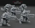 A group of five armored cyberrats is displayed, each holding distinctive rifles with both long and short barrels. The miniatures are intricately detailed, showcasing various mechanical elements and armor plating, emphasizing their elite status. The background is a smooth, dark surface, enhancing the focus on the gray models, while the "MORTIAN" logo is prominently featured at the top.