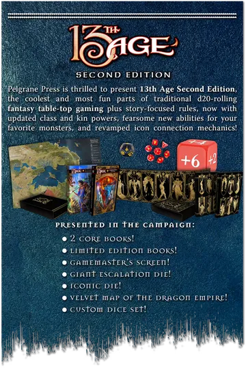 13th Age Second Edition list of features in the kickstarter campaign detailing 2 books, GM screen, Velvet Map and a custom dice set