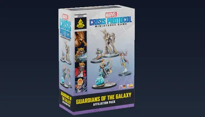A box for the "Guardians of the Galaxy Affiliation Pack" for Marvel: Crisis Protocol features dynamic illustrations of the miniatures included, such as Star-Lord, Rocket, Groot, and Cosmic Ghost Rider. The packaging prominently displays the title "GUARDIANS OF THE GALAXY" at the bottom, with the Asmodee logo and game branding visible. The background is dark, enhancing the vibrant colors of the figures and the overall design.