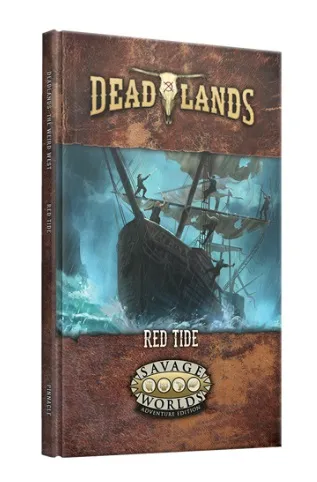 Book cover: "Red Tide" with a ship in a storm, "Savage Worlds Adventure Edition" logo.