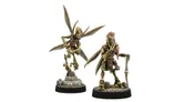 Two miniatures from the Star Wars universe are displayed: on the left, a Geonosian with large, translucent wings is posed mid-flight, while on the right, another Geonosian stands confidently, holding a staff and wearing ornate armor. Both figures are intricately detailed, showcasing their unique features and textures, and are mounted on circular bases with a rocky terrain design.
