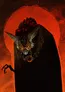 A dark, eerie figure stands against a backdrop of deep red, evoking a sense of foreboding. The character has a bat-like head with large, piercing eyes and intricate markings, adorned with a necklace of strange, circular objects. Its cloak is shadowy, blending into the darkness, while a clawed hand reaches out, enhancing the unsettling atmosphere of the scene.