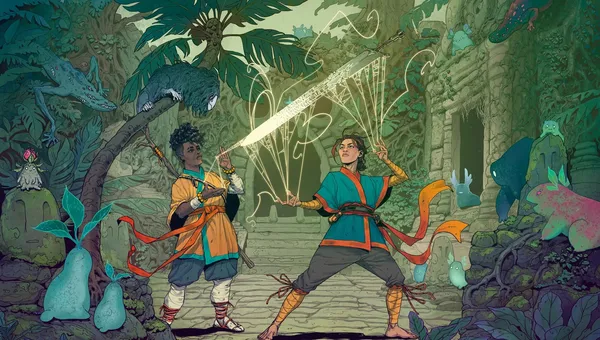Two people in colorful robes duel with glowing energy in a jungle temple.