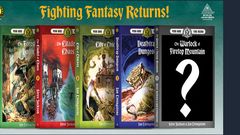 The image features five classic Fighting Fantasy adventure books lined up in a row, each with distinct cover art. From left to right, the titles are: "The Forest of Doom," "The Citadel of Chaos," "City of Thieves," "Deathtrap Dungeon," and "The Warlock of Firetop Mountain," which is marked with a question mark, indicating its cover is yet to be revealed. The covers showcase vibrant illustrations, with themes of fantasy and adventure, and the text prominently displays the titles and authors, Steve Jackson and Ian Livingstone. The background is a dark color, enhancing the visibility of the book covers and the bold title "Fighting Fantasy Returns!" at the top.