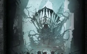Dark throne of thorns with shadowy figures below. Text: "The Throne of Thorns III THE HAUNTED WASTE | DAVOKAR AWAKENS"