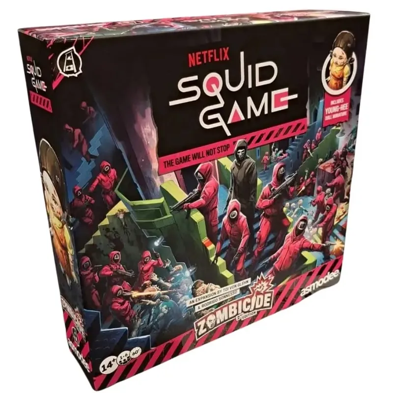 Box for the Netflix Squid Game Zombicide 2nd Edition expansion. The cover shows a group of players in red tracksuits and black masks with white shapes, some holding weapons, in a dimly lit industrial setting with stairs and platforms. Text on the box reads "NETFLIX SQUID GAME", "THE GAME WILL NOT STOP", "ZOMBICIDE 2nd EDITION", "14+ 1-6 30-60", and "asmodee". A circular sticker in the top right corner includes a character illustration and the text "INCLUDES YOUNG-HEE DOLL MINIATURE".