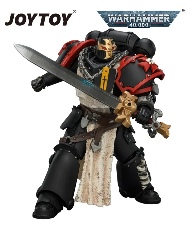 A stylized action figure of a space marine in black and red armor with gold accents, holding a large sword in the right hand and a golden pistol in the left. The figure wears a tattered white cape, a golden crown-like helmet, and a chain with a cross symbol on the chest. The background is white. Text in the top left reads "JOYTOY" and in the top right reads "WARHAMMER 40,000".