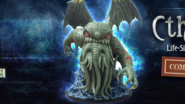 Dark blue cosmic background with faint starry lines. White stylized text reads "Cthulhu" at top. Below, smaller white text says "Life-Sized Monument." Brown banner with white text: "COMING SOON!"