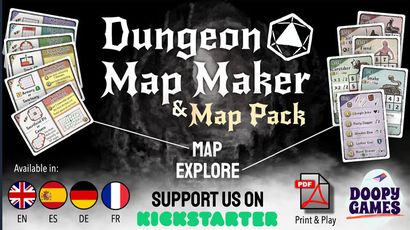 The image features promotional artwork for the "Dungeon Map Maker & Map Pack" Kickstarter by Doopy Games. The title is prominently displayed in a bold, stylized font, with a geometric symbol above it. Surrounding the title are various game elements, including cards showcasing character stats and abilities, and icons indicating language availability (English, Spanish, German, and French). The bottom of the image includes a call to action to support the project on Kickstarter, along with logos for PDF and print options. The background has a dark, atmospheric design that evokes a fantasy theme.