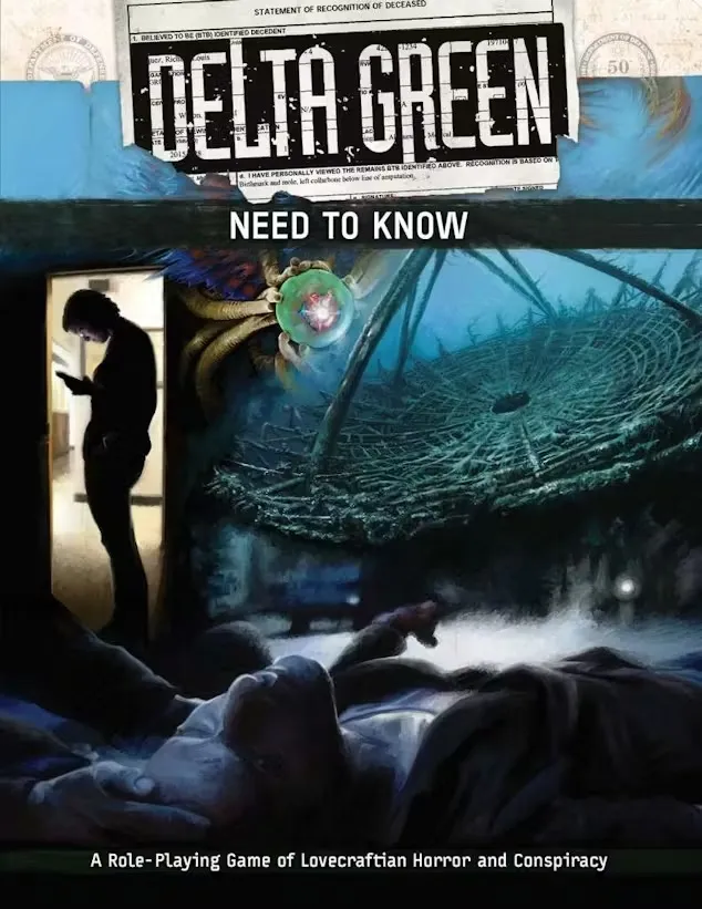 A dramatic cover for the "Delta Green: Need To Know" RPG book features a shadowy figure reading a document, contrasted against a surreal background depicting a large, intricate web-like structure and a menacing, tentacled creature. The title "DELTA GREEN" is prominently displayed at the top, with "NEED TO KNOW" below it, emphasizing the game's themes of Lovecraftian horror and conspiracy. The bottom of the cover includes the tagline, "A Role-Playing Game of Lovecraftian Horror and Conspiracy."