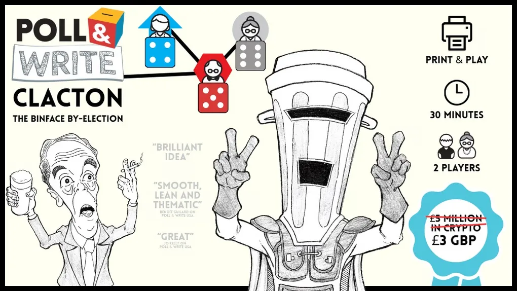 A robot with a blender for a head making peace signs, with dice and text "BRILLIANT IDEA", "SMOOTH, LEAN AND THEMATIC", "GREAT".