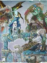 A vibrant illustration features four undead pirate characters. On the left, a faerie pirate with large, dark wings and flowing hair is depicted, wearing a tattered dress. In the center, an undead pirate captain in a blue coat and tricorn hat, with a skeletal face and a long beard, gestures dramatically. To the right, a green-skinned pirate with a patchy outfit and various sea creatures adorning her body holds a weapon, while a crab-like creature with a pirate hat and bulging eyes sits in the foreground, showcasing a treasure-laden shell. The background has a textured, oceanic theme, enhancing the eerie atmosphere.