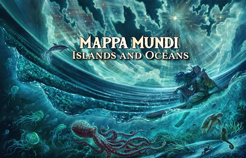 A stylized illustration of a cosmic ocean scene with swirling waves, glowing clouds, and a bright star in the sky. A large whale-like creature arcs through the water, and a tentacled sea monster is visible below. A robed figure with long hair stands on a rocky outcrop, holding a staff. The text "MAPPA MUNDI Islands and Oceans" is prominently displayed at the top.