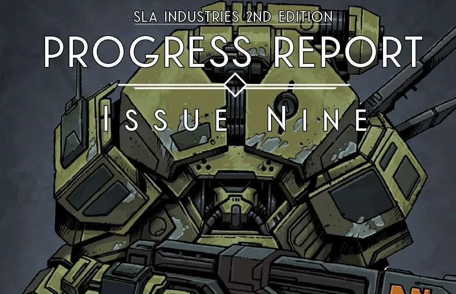 Green armored mech with red accents, holding a large gun labeled "DN". Text above: "PROGRESS REPORT ISSUE NINE".