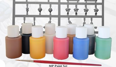 A collection of nine bottles of water-based acrylic paints in various colors, including black, white, dark green, mid blue, bright red, golden yellow, leather brown, bright gold, and chain mail, is displayed in the foreground. Behind the paint bottles is a sprue containing two Viridian Interdicts Marines, showcasing various miniature parts. A high-quality synthetic brush is positioned in front of the paint bottles, emphasizing the set's painting essentials.