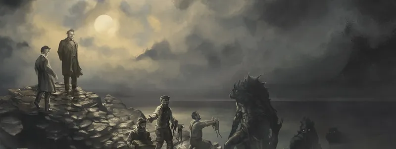 Three men on rocky shore, one holding a fish, large creature emerging from water, cloudy sky.