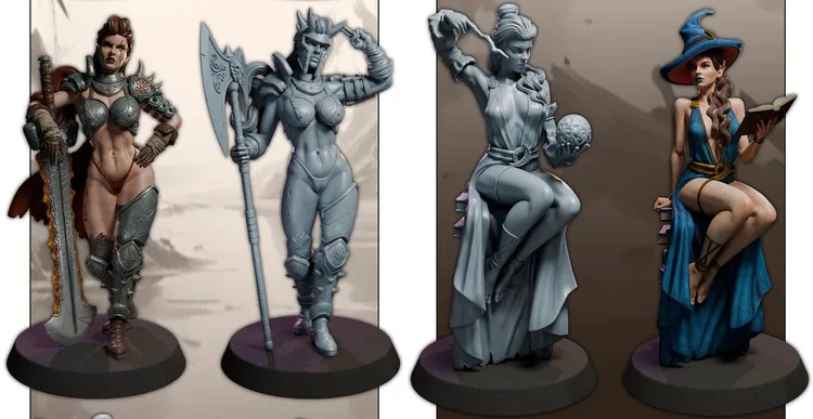 Three female miniatures are displayed, showcasing a variety of designs. On the left, a painted miniature features a warrior in armor with a revealing outfit, holding a sword and shield. The center figure is a gray sculpt of a female fighter with an axe, wearing armor and striking a confident pose. On the right, another gray sculpt depicts a character in a flowing dress, elegantly posed with one hand on her hip. Each miniature is mounted on a circular base, emphasizing their detailed craftsmanship.