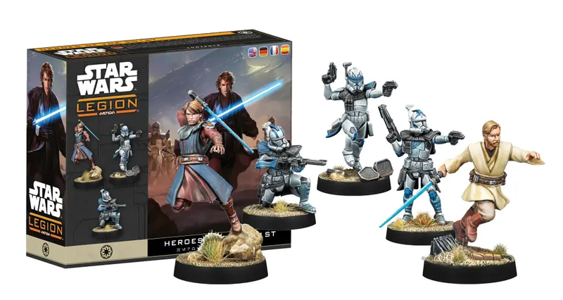 A box set titled "Star Wars: Legion" prominently features the title logo and artwork of characters from the Star Wars universe. The box showcases several miniatures, including a Jedi with a blue lightsaber, a clone trooper, and other figures in dynamic poses. The background depicts a battle scene with additional characters, enhancing the sci-fi theme. The miniatures are displayed on bases with grass-like textures, emphasizing their role in tabletop gameplay.