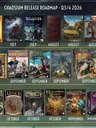 A colorful release roadmap showcases upcoming titles from Chaosium for Q3 and Q4 of 2026. The top row features covers for "Elfquest," "Dead Letter," "Innsmouth," "Keeper Tips," "No Place Like Home," and "The Boy King," all set for release in July and August. The bottom row includes "Creó," "Lands of RuneQuest," "Age of Vikings Companion," and various Call of Cthulhu titles, with several scheduled for October and November, including "Cthulhu by Gaslight" and "Tools of the Trade."