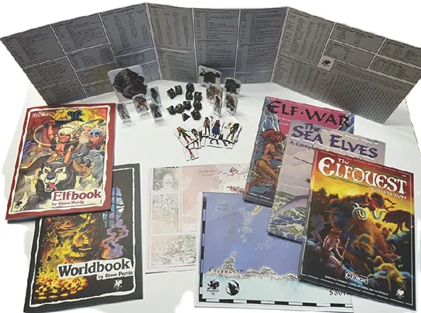 Open booklets and maps spread across a white surface. Visible book covers include "Elfbook" by Steve Perrin, "Worldbook" by Steve Perrin, "Elf-War," "The Sea Elves," and "The Elforests." Miniature figures, dice, and cardboard standees are arranged between the books. One map shows a coastal region labeled "Golthaven." Text on the open pages is too small to read clearly.