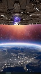 A large, futuristic alien spacecraft hovers above Earth, with intricate mechanical details visible on its underside. Below, the planet's surface is illuminated by city lights, showcasing a mix of land and water, while the atmosphere transitions from blue to a vibrant gradient of orange and purple in the background. The scene conveys a sense of impending conflict, emphasizing the tension between Earth and its alien invaders.