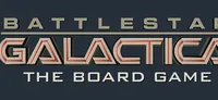 "Battlestar Galactica: The Board Game" in bold, metallic 3D lettering on dark background. Top half reads "BATTLESTAR" in silver, bottom half "GALACTICA" with red and silver accents. Below, smaller text: "THE BOARD GAME."