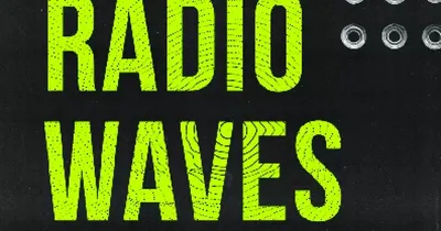 Cover art for Radio Waves RPG. Black background with large neon-green text reading "RADIO WAVES" and "A MICRO RPG ABOUT SURVIVAL." Bottom right shows a vintage radio dial with MHz tuning knob and speaker grille.