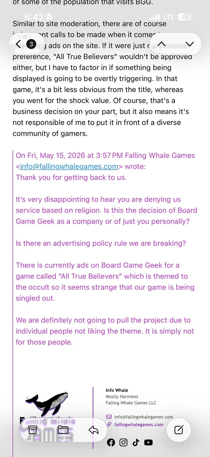 A screenshot of an email exchange between Falling Whale Games and BoardGameGeek's former Advertising Manager, Chad Krizan. The email features a highlighted response discussing the refusal of an advertisement for the game "Possess Me, Satan," citing concerns about the game's themes being potentially triggering for some users. The text emphasizes the need for sensitivity in advertising content, particularly regarding topics like demonic possession, and contrasts it with another game, "All True Believers," which also has occult themes but is perceived as less overtly shocking.