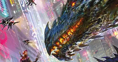 Cyberpunk cityscape with neon-lit skyscrapers. Giant dragon-like creature emerging from ruins, glowing red eyes and fiery breath. Four small flying drones in mid-air. Text reads: "Shadowrun Anarchy 2.0" with logo and "2.0" in corner.