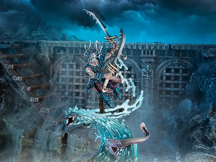 A dynamic miniature of a warrior from the Idoneth Deepkin, poised mid-action atop a swirling wave of water. The figure is adorned in intricate blue armor with a horned helmet, wielding a curved sword in one hand and a spear in the other. In the foreground, two sea serpents emerge from the wave, their heads raised, adding to the sense of movement and energy in the scene, set against a backdrop of dark, stormy skies and ancient stone architecture.
