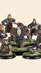 A group of eight intricately designed miniatures representing the Lumberjacks team from Steamforged Games is displayed. The figures are depicted in dynamic poses, showcasing a variety of weapons and tools, including an axe and a saw, with detailed clothing that features earthy tones and patterns. In the foreground, a small log pile is included, enhancing the thematic elements of the team, which emphasizes their connection to woodworking and the outdoors.