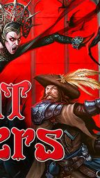 A fierce female character with a crown-like headdress and a dramatic expression is depicted in the upper left, surrounded by dark, menacing tendrils. In the foreground, a rugged male character in a wide-brimmed hat and armor brandishes a sword, ready for battle. The background features a striking red color, enhancing the tension of the scene, with the title "Night Hunters" prominently displayed in bold, stylized lettering.