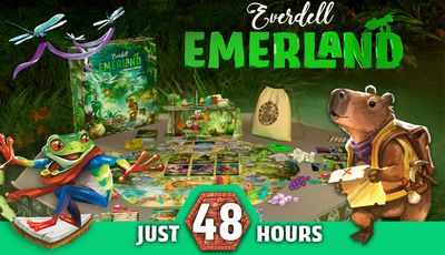 A vibrant tabletop scene showcases the Everdell Emerland expansion, featuring a lush jungle backdrop. In the foreground, a colorful frog character in a cape gestures towards the game components, which include a detailed game board, various tokens, and meeples. A cute, anthropomorphic creature resembling a bear holds an envelope, while the text "JUST 48 HOURS" is prominently displayed at the bottom, emphasizing the campaign's urgency.