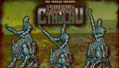 Humanoid aliens with spears riding horned, alien horses