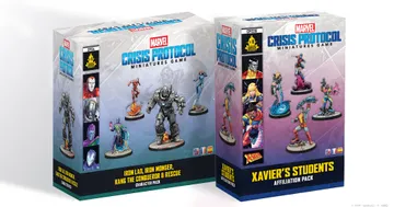 Two character packs for Marvel: Crisis Protocol are displayed side by side. On the left, the "Iron Lad, Iron Monger, Kang the Conqueror & Rescue" pack features a dark box with images of the characters, including a menacing Iron Monger and a sleek Iron Lad. On the right, the "Xavier’s Students Affiliation Pack" showcases a lighter box with illustrations of mutant heroes like Colossus and Nightcrawler, each depicted in dynamic poses. Both packs highlight the miniatures prominently, emphasizing their detailed designs.