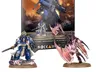 A boxed set for "Warhammer 40,000 Combat Patrol" featuring three painted miniature figures. At the top of the box, bold white text reads "WARHAMMER 40,000" and "COMBAT PATROL" with a red downward-pointing triangle between them. The number "01" is visible in a red circle on the top right corner of the box.

The box art displays three miniatures:
1. A Space Marine Captain in blue armor with white and gold details, holding a power sword and a bolt pistol.
2. A large, armored figure in blue with a heavy weapon, identified as a Space Marine.
3. A creature labeled as a Winged Tyranid Prime with large wings, claws, and a monstrous appearance.

In front of the box, two of the miniatures are positioned on rocky bases:
1. On the left, a Space Marine Captain in blue armor with white and gold details, holding a power sword.
2. On the right, a Winged Tyranid creature with large wings and claws.

The bottom of the box has text that reads: "FIRST MODELS