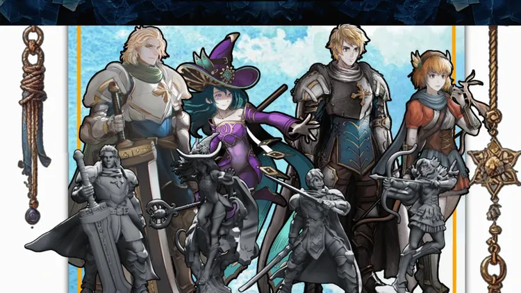 A collection of anime-style heroes from the game Crystal Collapse is displayed, featuring dynamic, 40mm scale miniatures. Prominent characters include a blonde knight in armor, a witch with a large purple hat and flowing hair, and a heroic figure wielding a sword. In the foreground, several detailed miniatures are shown, showcasing various poses and weapons, set against a backdrop of a blue sky with clouds.
