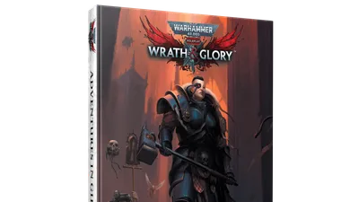 A physical book titled "Adventures in Gilead" for Warhammer 40,000 Roleplay: Wrath & Glory is prominently displayed, featuring a striking cover illustration. The cover depicts a heavily armored character wielding a large hammer, standing in a dark, ominous environment filled with shadowy figures and gothic architecture. The title and logo are clearly visible at the top, with the subtitle "Adventures in Gilead" featured prominently at the bottom.