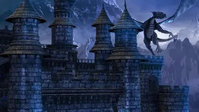 Dark fantasy castle with arched entryway, stone walls, and battlements. A dragon perched on the right tower. Text reads: "Castle Engine by Darrin Drader."