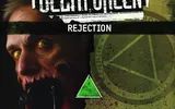 Man with yellow eyes, black headband, text "REJECTION" and green triangle.