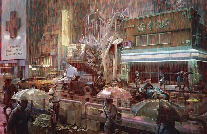 A bustling urban scene in a rain-soaked Night City features a mix of futuristic architecture and neon signage, including a prominent medical center. In the foreground, two figures stand under umbrellas, one of whom appears to be a cyborg with a robotic arm, while a yellow taxi and various vehicles are visible in the background. The atmosphere is enhanced by the heavy rain, creating a vibrant yet gritty ambiance typical of the Cyberpunk aesthetic.