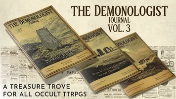 A collection of booklets titled "The Demonologist Journal Vol. 3" is prominently displayed, featuring a cover illustration that includes a stone monument set against a mountainous landscape, with the subtitle "Nordic Edition." The journal is positioned alongside earlier volumes, showcasing their similar design. Below the journals, the text reads, "A treasure trove for all occult TTRPGs," emphasizing the thematic focus on occultism and roleplaying games.