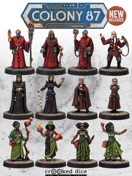 12 painted sci-fi miniatures in 3 rows, various robes and weapons.