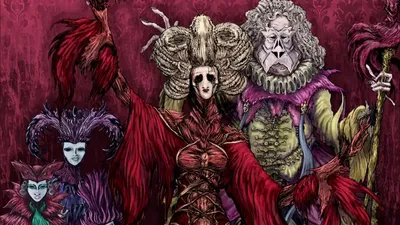 Five stylized figures in elaborate, gothic attire pose against a dark red background. Two circular portraits show a man in a top hat and another in a dark coat. Central text reads: "Malamorte’s Oddities Collection: Red Death Party."